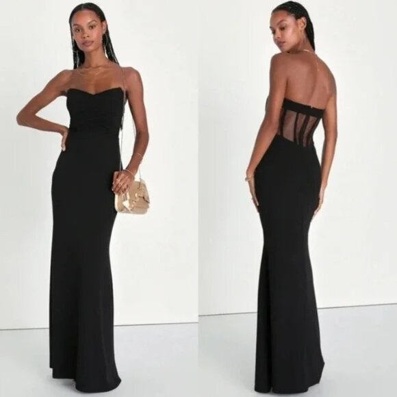 NWT Lulus Iconic Arrival Black Strapless Bustier Mermaid Maxi Dress - Picture 1 of 7
